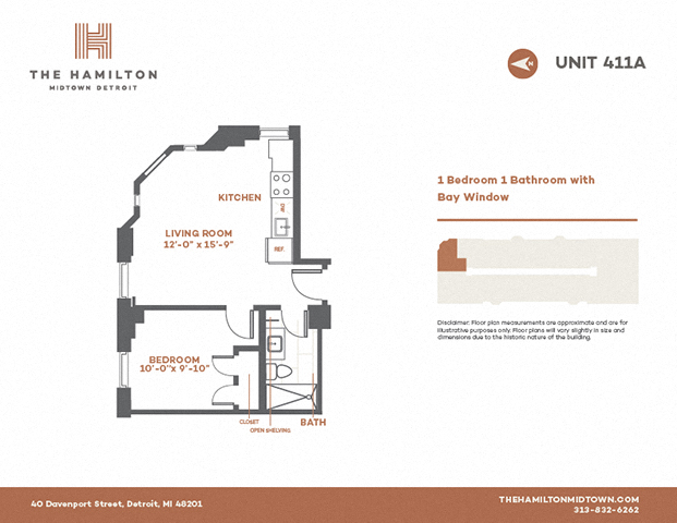 Floor plan for 1 bed, 1 bath, 392 sqft