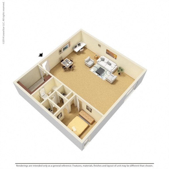 Floor plan for 1 bed, 1 bath, 523 sqft