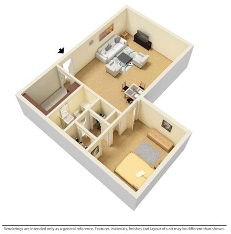 Floor plan for 1 bed, 1 bath, 523 sqft