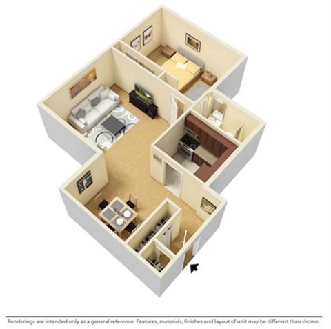 Floor plan for 1 bed, 1 bath, 923 sqft