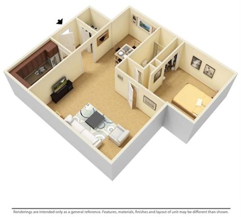 Floor plan for 1 bed, 1 bath, 728 sqft