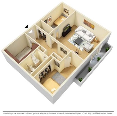 Floor plan for 2 beds, 1 bath, 1104 sqft