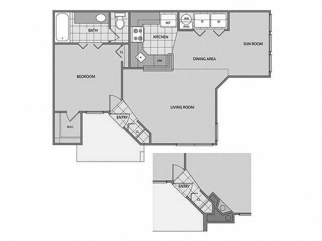 Floor plan for 1 bed, 1 bath, 672 sqft