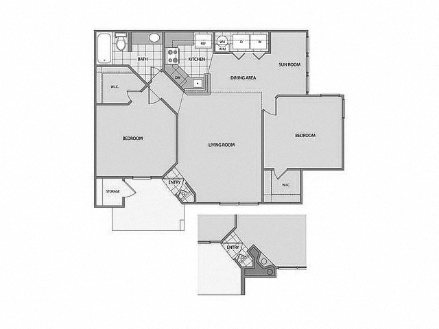 Floor plan for 2 beds, 1 bath, 937 sqft