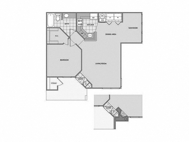 Floor plan for 1 bed, 1 bath, 760 sqft