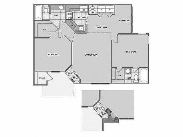 Floor plan for 2 beds, 2 baths, 974 sqft