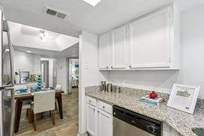 Ponte Vedra Beach apartment for rent - A kitchen with white cabinets and a granite countertop.