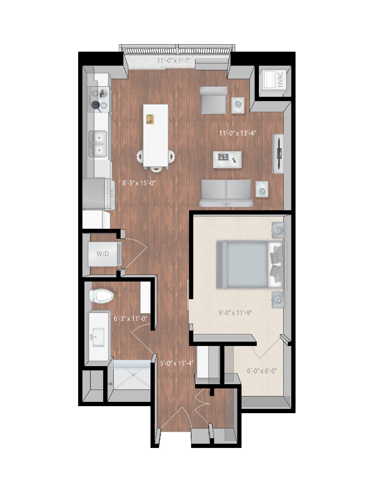 Floor plan for studio, 1 bath, 693 sqft