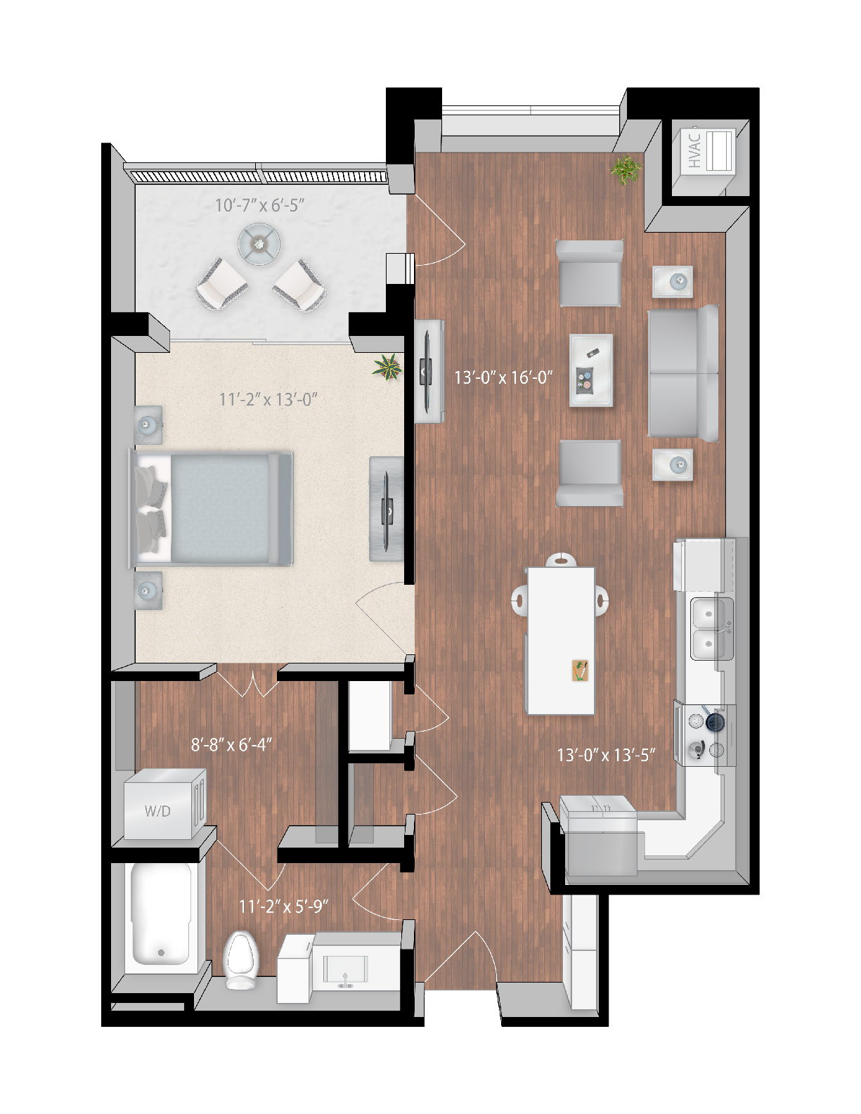 Floor plan for 1 bed, 1 bath, 789 sqft