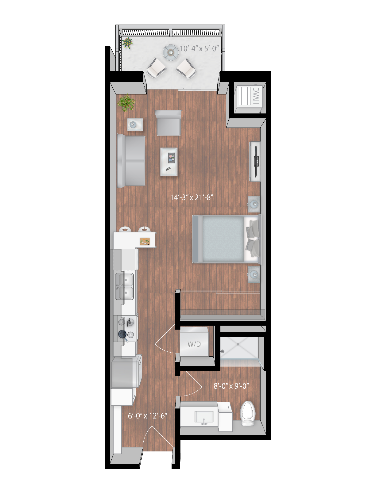 Floor plan for studio, 1 bath, 524 sqft