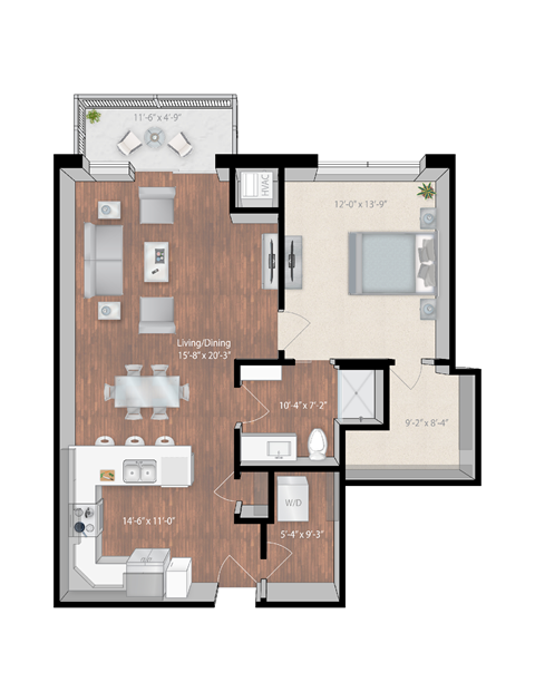 Floor plan for 1 bed, 1 bath, 880 sqft