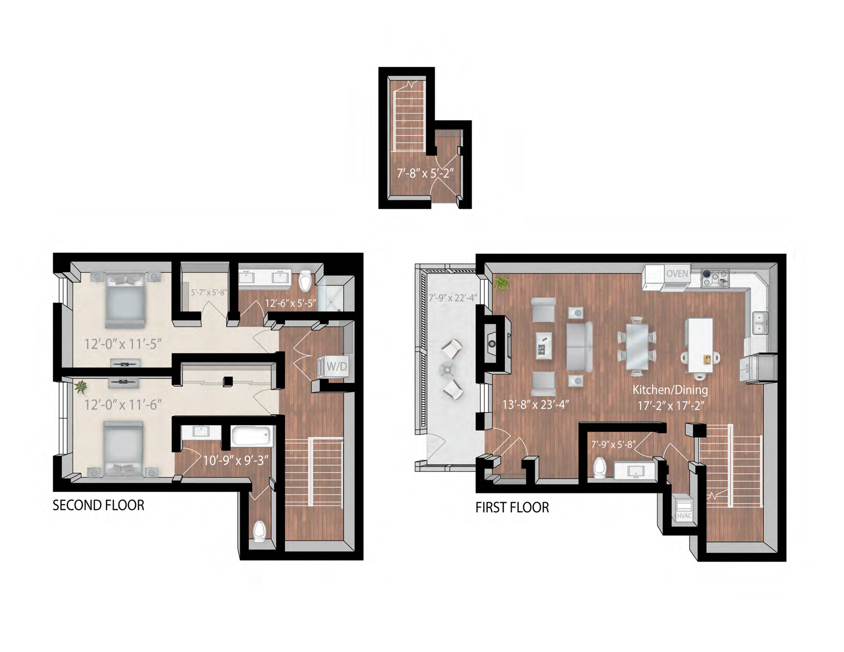 Floor plan for 2 beds, 2.5 baths, 1978 sqft