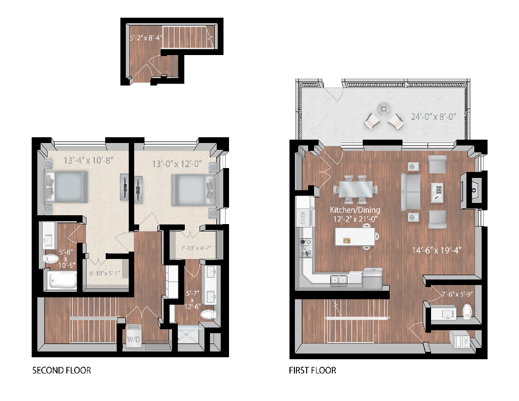 Floor plan for 2 beds, 2.5 baths, 1850 sqft