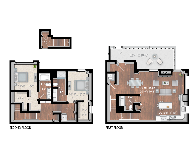 Floor plan for 2 beds, 2.5 baths, 1889 sqft