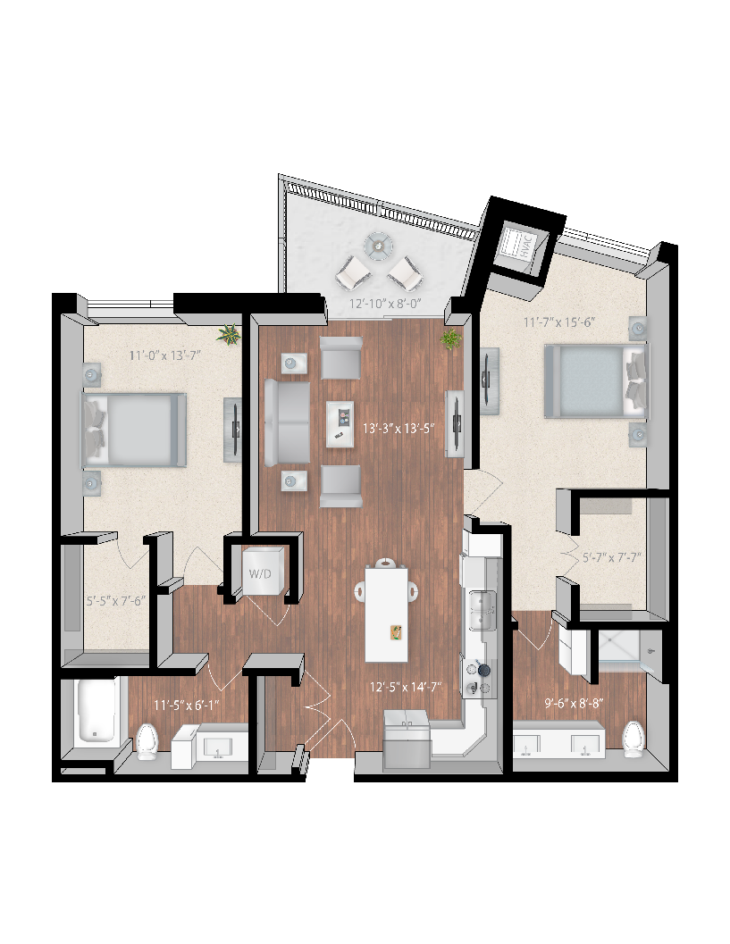 Floor plan for 2 beds, 2 baths, 1170 sqft