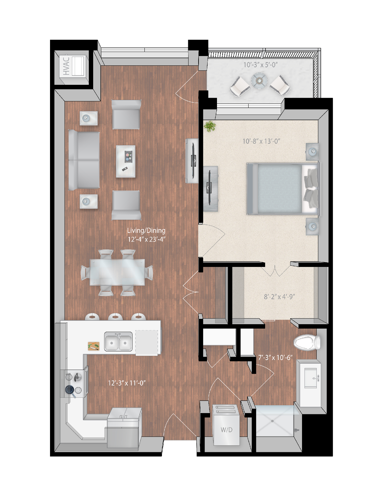 Floor plan for 1 bed, 1 bath, 815 sqft