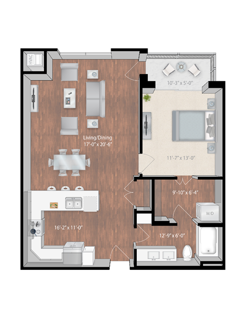 Floor plan for 1 bed, 1 bath, 923 sqft