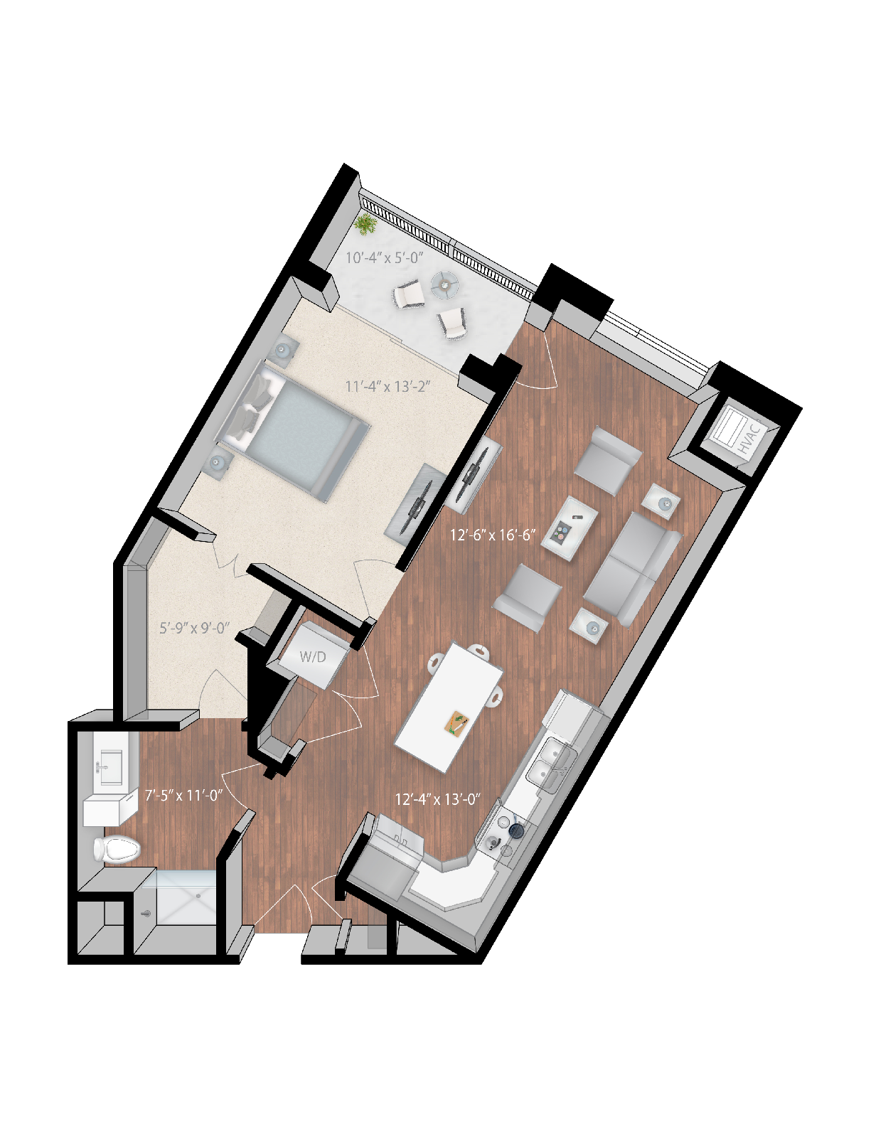 Floor plan for 1 bed, 1 bath, 804 sqft