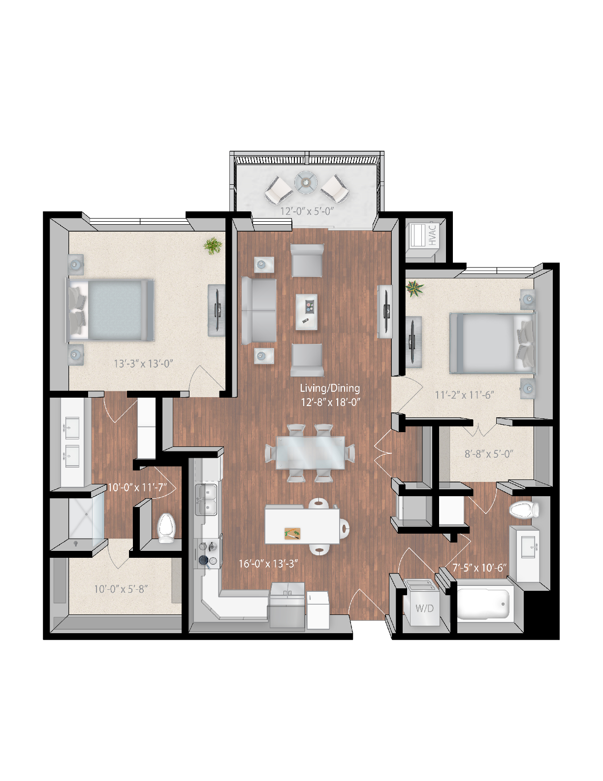 Floor plan for 2 beds, 2 baths, 1251 sqft