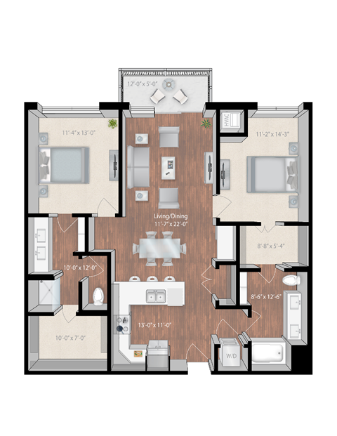 Floor plan for 2 beds, 2 baths, 1229 sqft