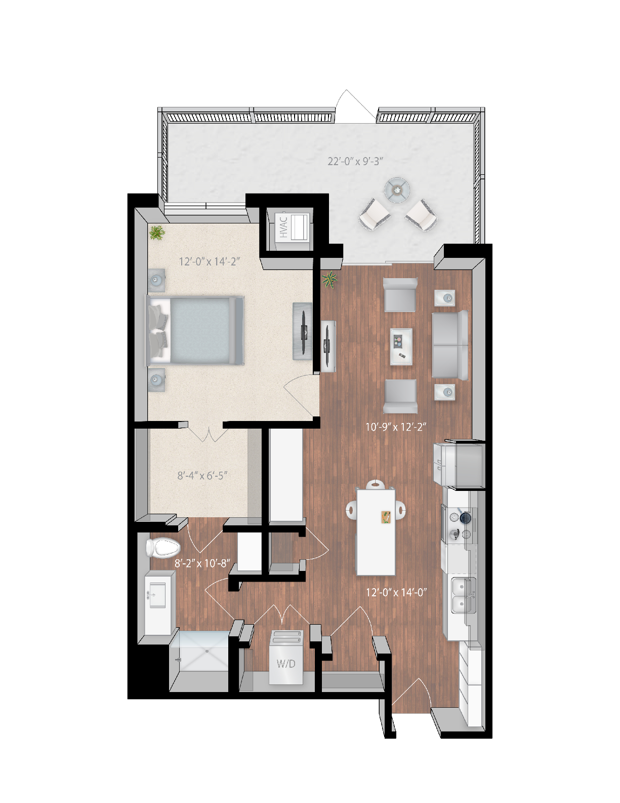 Floor plan for 1 bed, 1 bath, 792 sqft