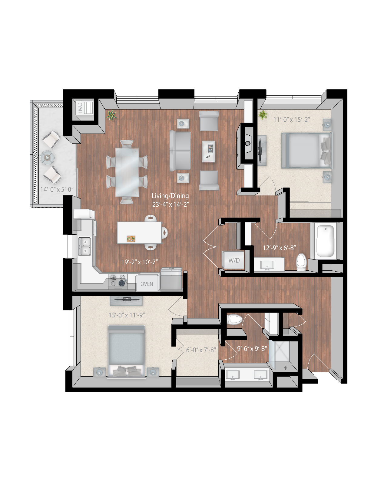 Floor plan for 2 beds, 2 baths, 1333 sqft