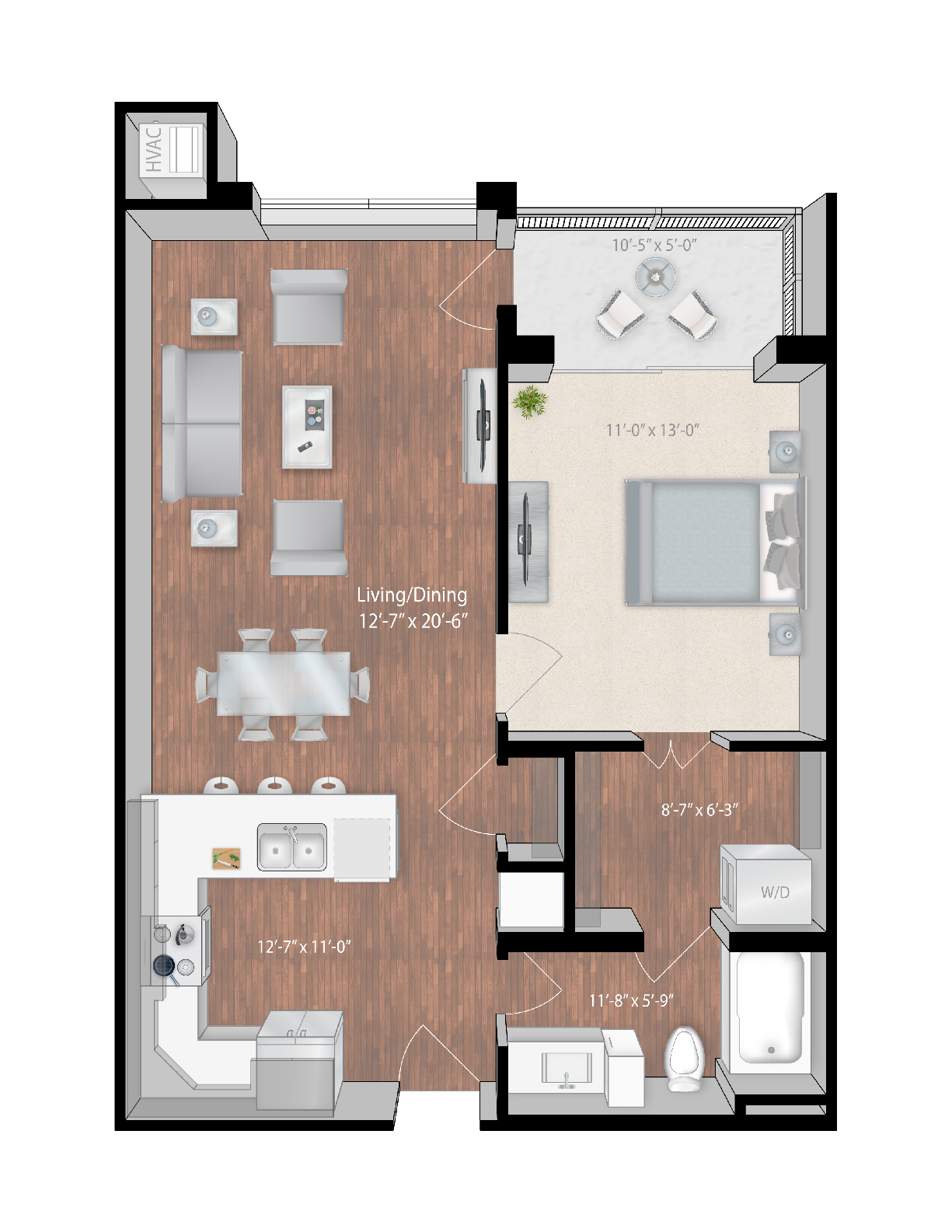 Floor plan for 1 bed, 1 bath, 776 sqft