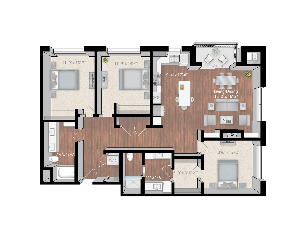 Floor plan for 3 beds, 2 baths, 1590 sqft