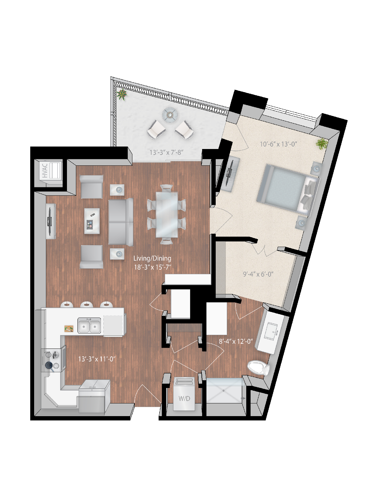 Floor plan for 1 bed, 1 bath, 840 sqft