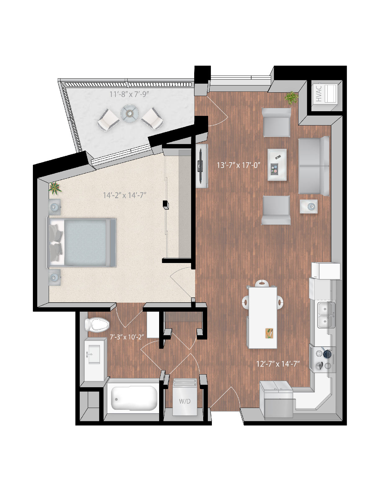 Floor plan for 1 bed, 1 bath, 805 sqft