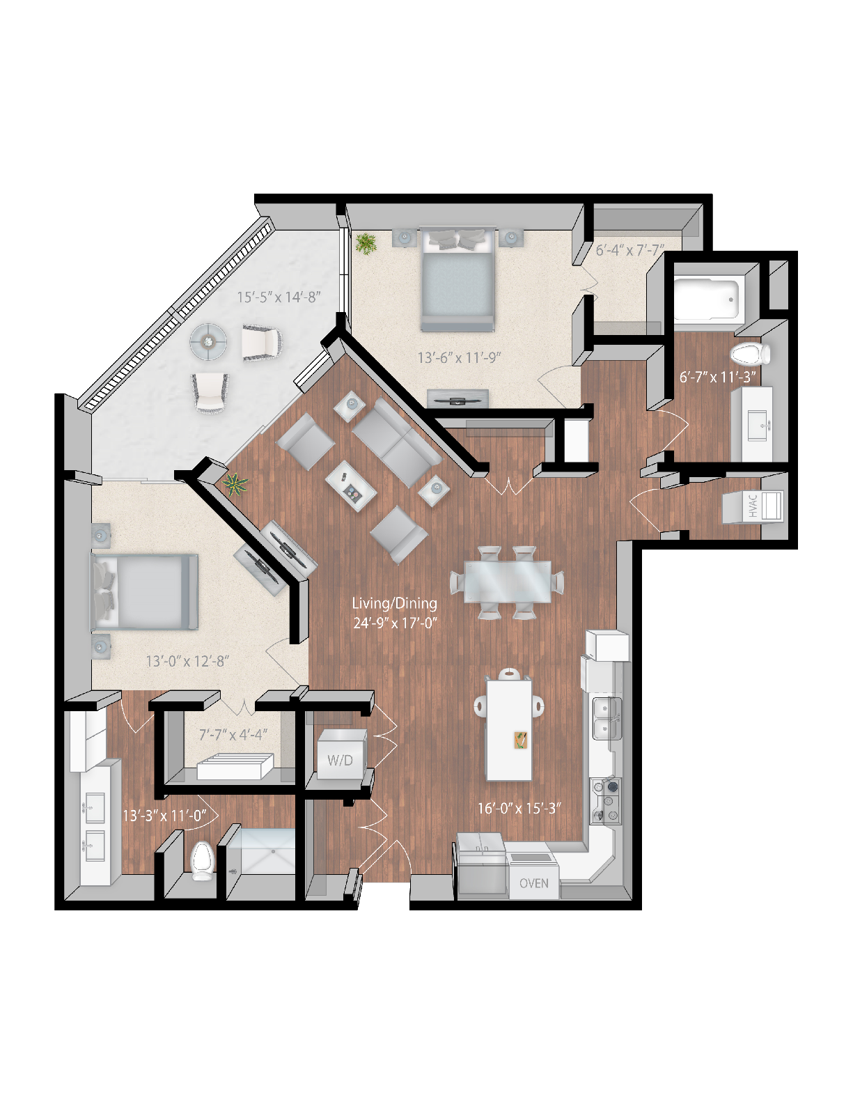 Floor plan for 2 beds, 2 baths, 1307 sqft