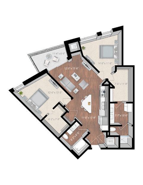 Floor plan for 2 beds, 2 baths, 1122 sqft