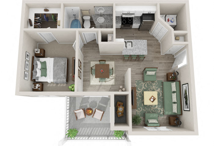 Floor plan for 1 bed, 1 bath, 803 sqft