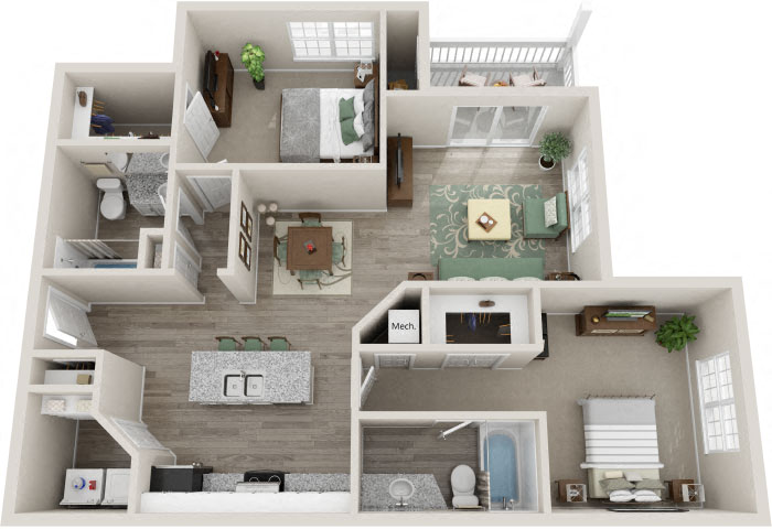 Floor plan for 2 beds, 2 baths, 1110 sqft