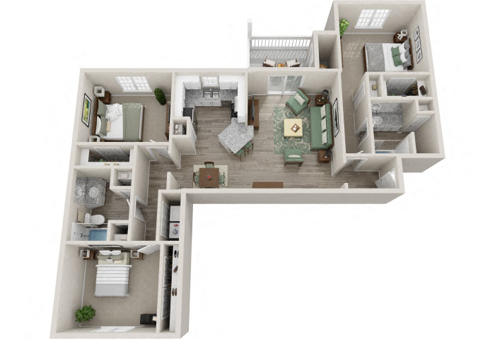 Floor plan for 3 beds, 2 baths, 1385 sqft