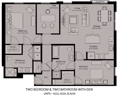 Floor plan for 2 beds, 2 baths, 1292 sqft