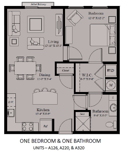 Floor plan for 1 bed, 1 bath, 786 sqft