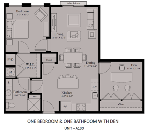 Floor plan for 1 bed, 1 bath, 941 sqft