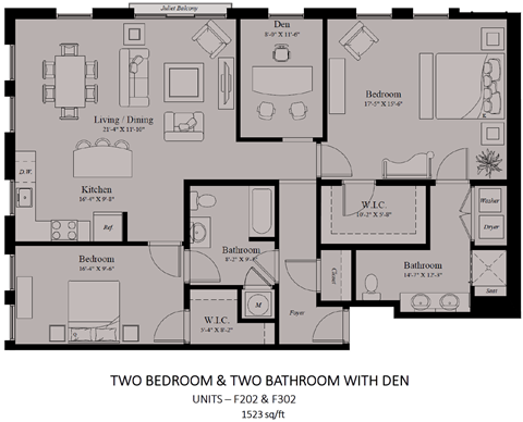 Floor plan for 2 beds, 2 baths, 1523 sqft