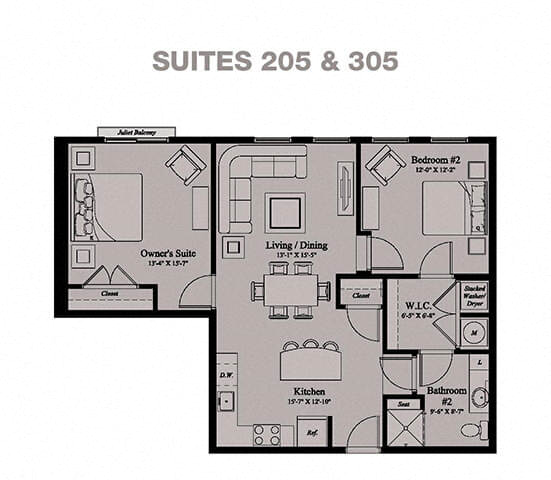 Floor plan for 2 beds, 1 bath, 1004 sqft