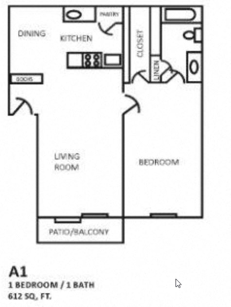 Floor plan for 1 bed, 1 bath, 612 sqft