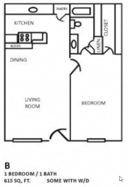 Floor plan for 1 bed, 1 bath, 615 sqft