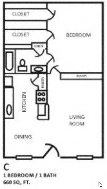Floor plan for 1 bed, 1 bath, 660 sqft