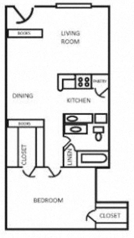 Floor plan for 1 bed, 1 bath, 697 sqft