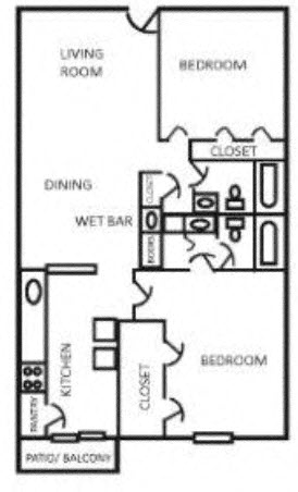 Floor plan for 2 beds, 2 baths, 1050 sqft