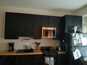 Philadelphia apartment for rent - a kitchen with black cabinets and a stove and a refrigerator