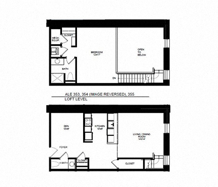 Floor plan for 1 bed, 1.5 baths, 997 sqft