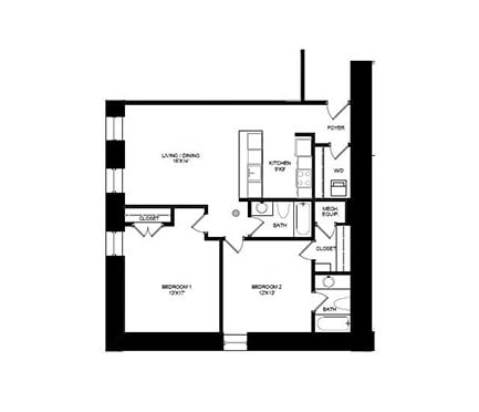 Floor plan for 2 beds, 2 baths, 1022 sqft