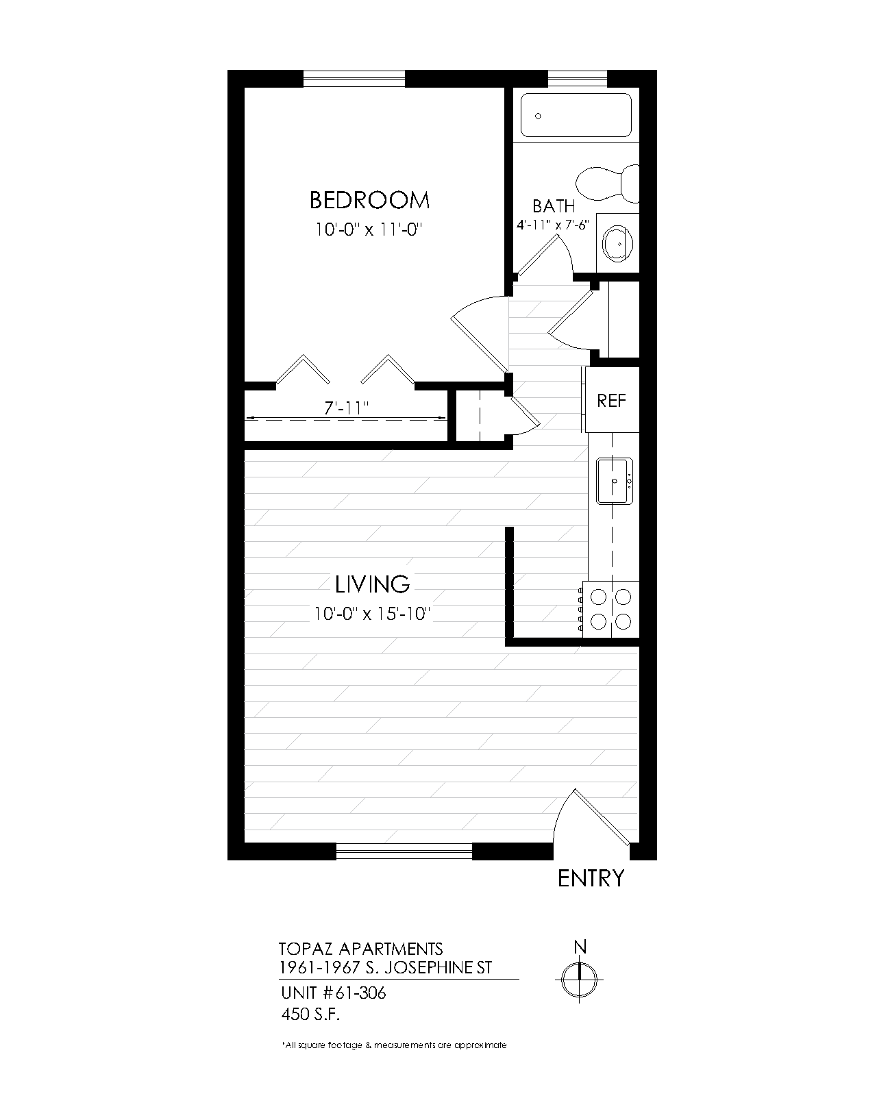 Floor plan for 1 bed, 1 bath, 525 sqft