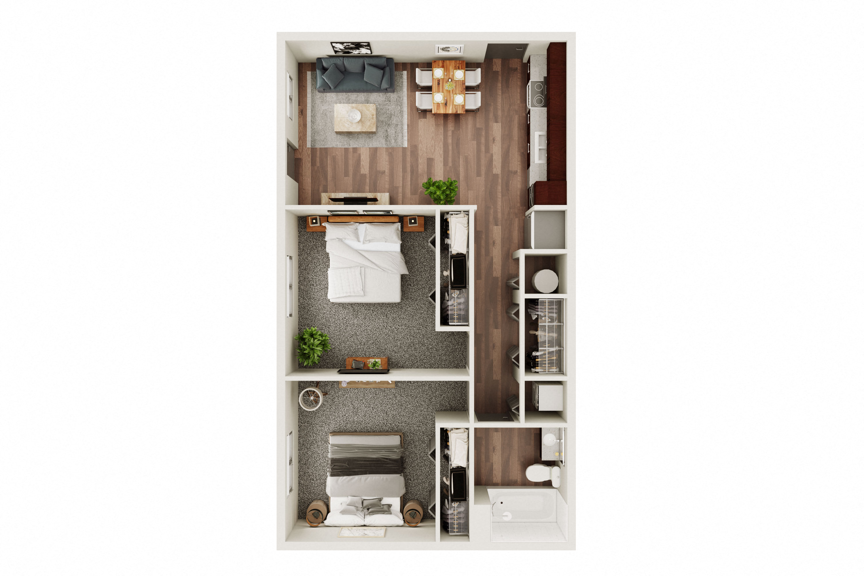 Floor plan for 2 beds, 1 bath, 795 sqft